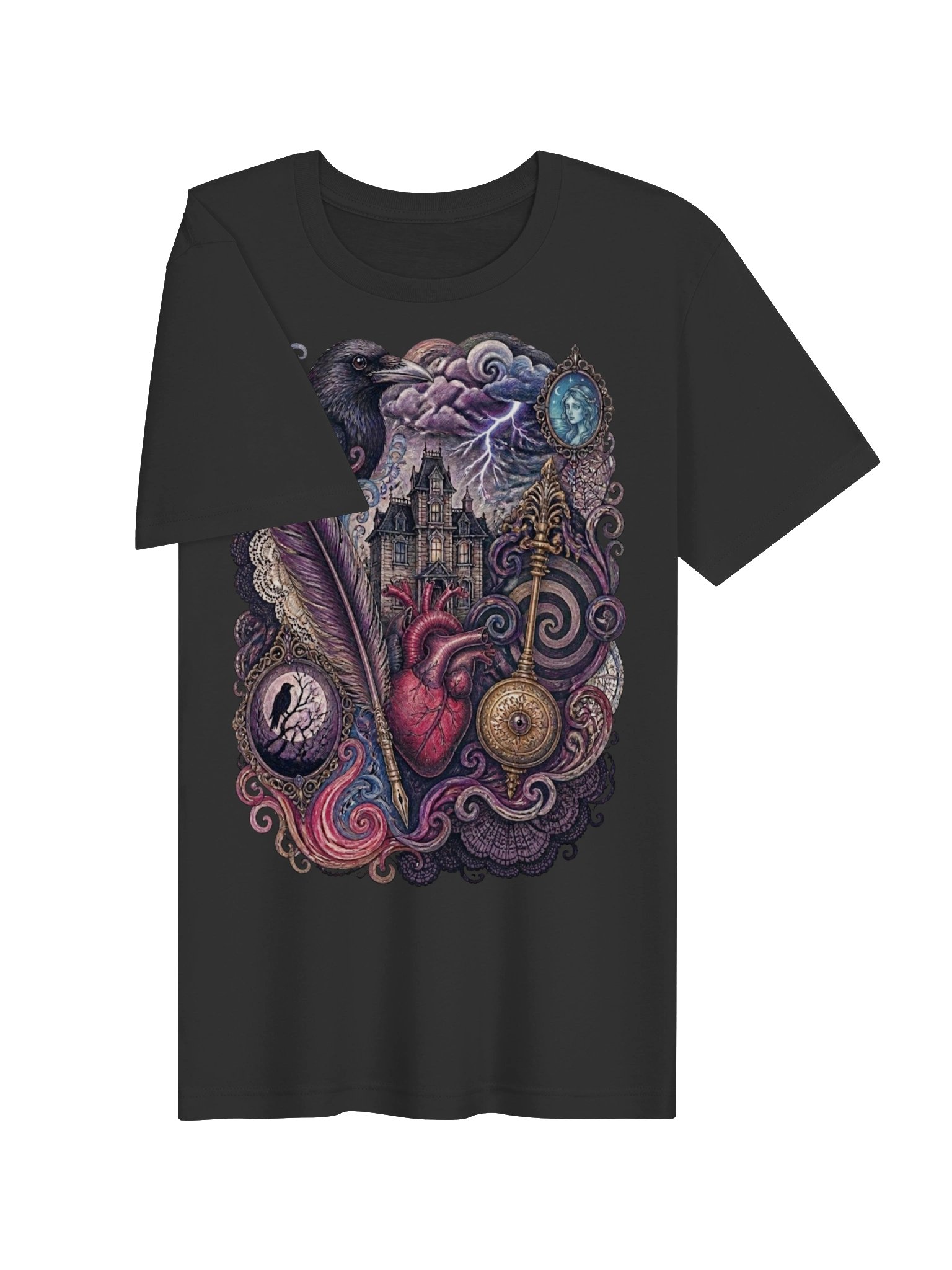 Edgar Allan Poe Whimsigoth Collage Tee, Dark Academia Raven Heart & Haunted House product image (46)