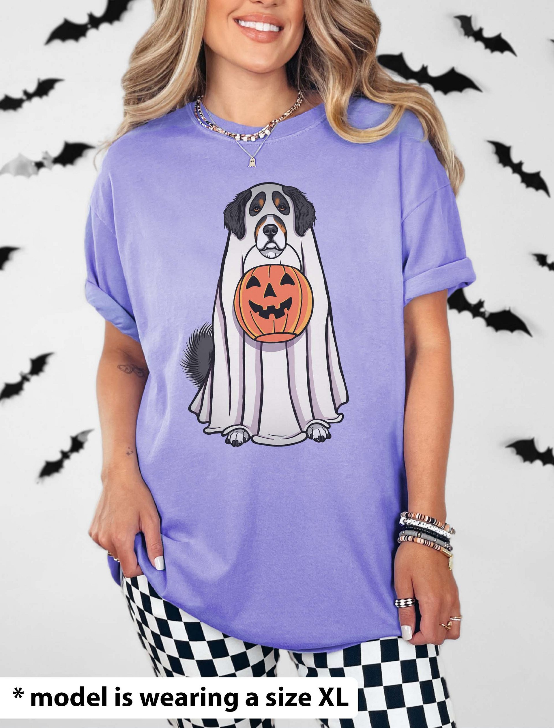 Funny Halloween Bernese Mountain Dog T-Shirt | Funny Berner Wearing a Ghost Costume and Holding a Pumpkin Basket product image (2)