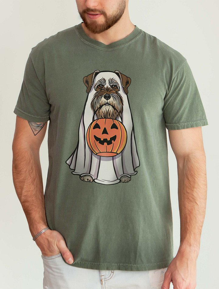 Funny Halloween Schnauzer(Liver) T-Shirt | Funny Schnauzer Wearing a Ghost Costume and Holding a Pumpkin Basket product image (2)