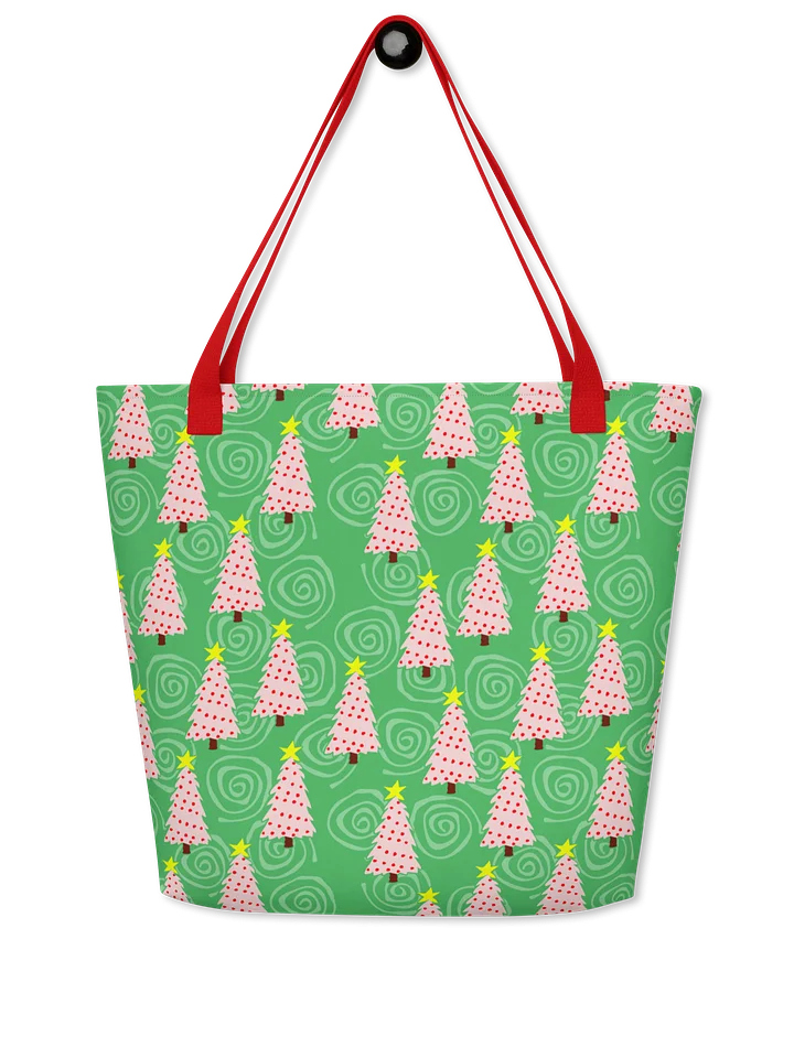 Pink Christmas Trees on Green with Swirls – Large Tote Bag product image (1)