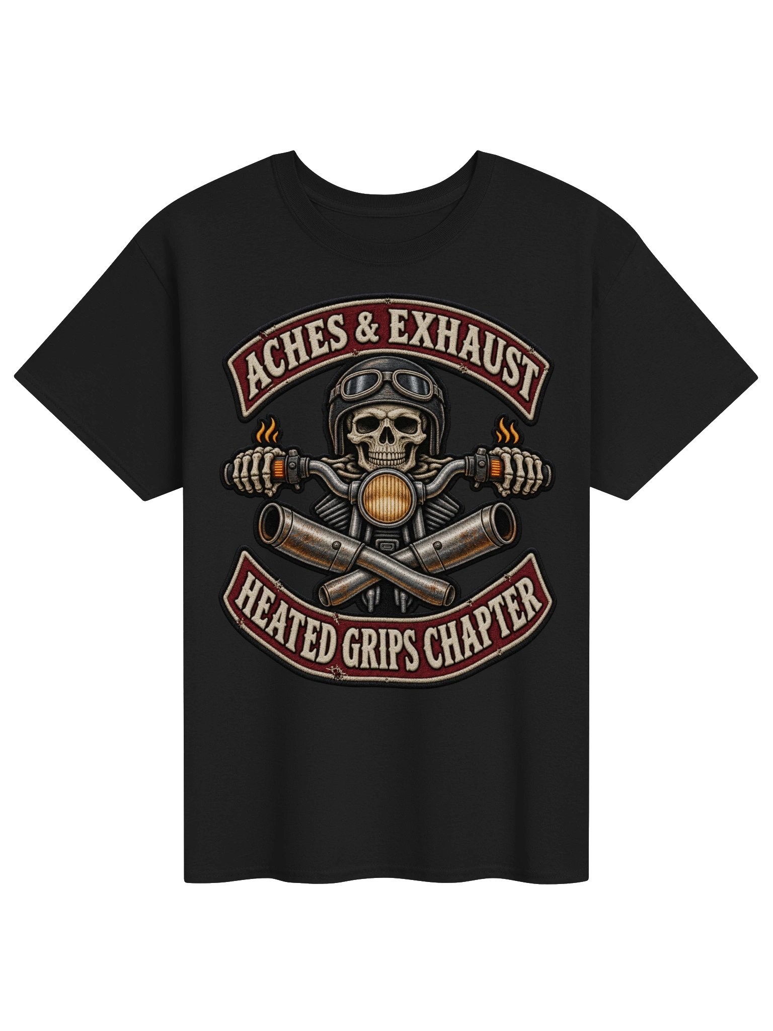 Aches & Exhaust Heated Grips Chapter – Biker Patch T-Shirt product image (1)