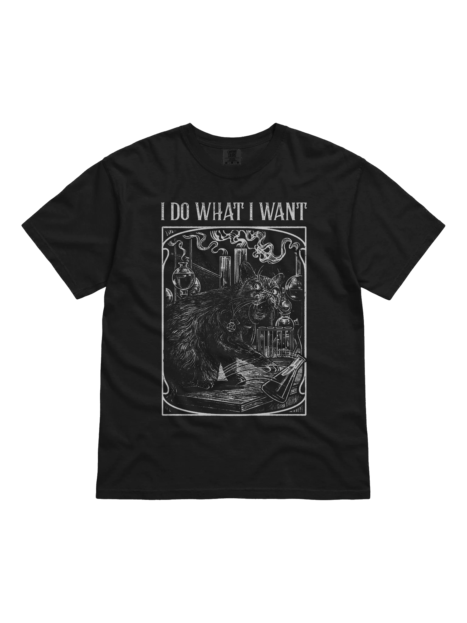 I Do What I Want Witch's Cat t-shirt showing a large black cat calmly knocking a glass flask off a laboratory bench - a gift for cat lovers who appreciate the chaos