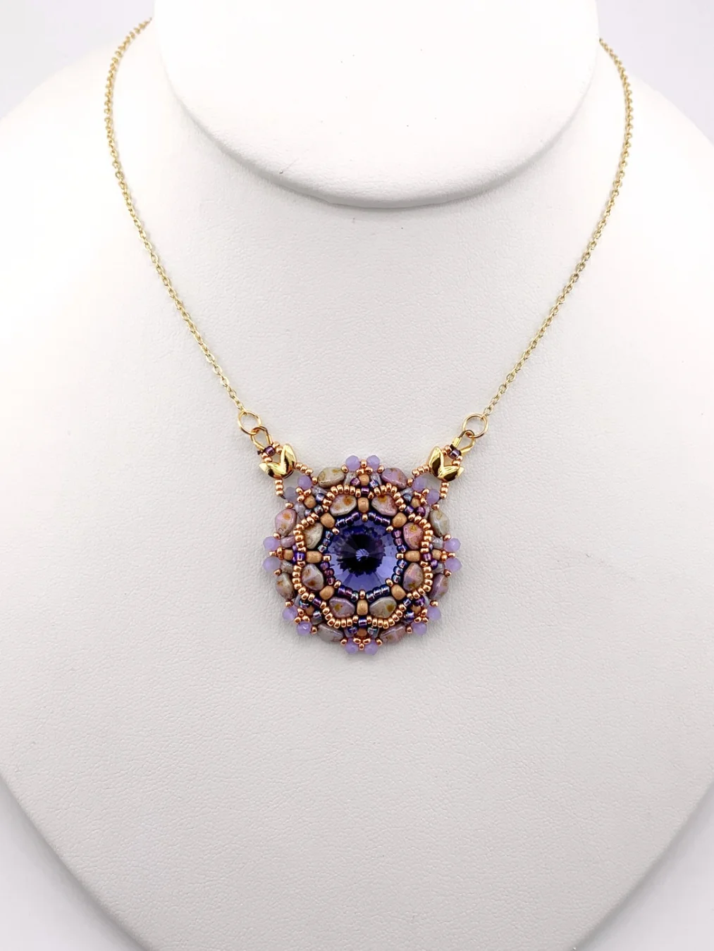 Twilight Bloom Beaded Crystal Pendant Necklace - Purple, Gold product image (1)