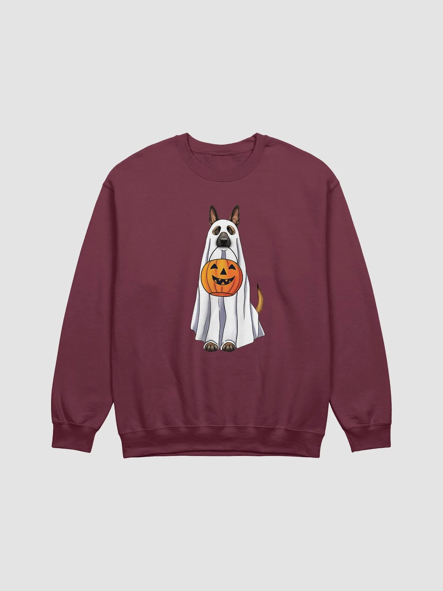 Belgian Malinois Halloween Sweatshirt | Funny Fall and Halloween Malinois Wearing a Ghost Costume with Pumpkin Basket product image (1)