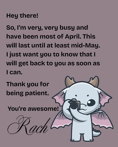 Lots of events, appointments, and goals to get. If you need anything send me an email or leave me a message. I may not get ba...