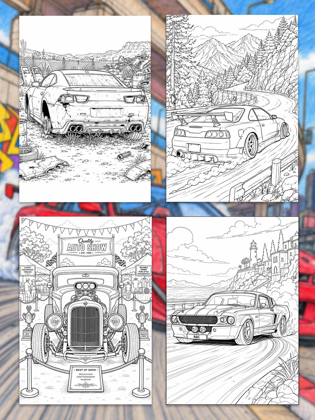 Car Coloring Pages Printable | 110+ Muscle, Drift, Hot Rod & Classic Car Designs | A4 Automotive Coloring Book product image (5)