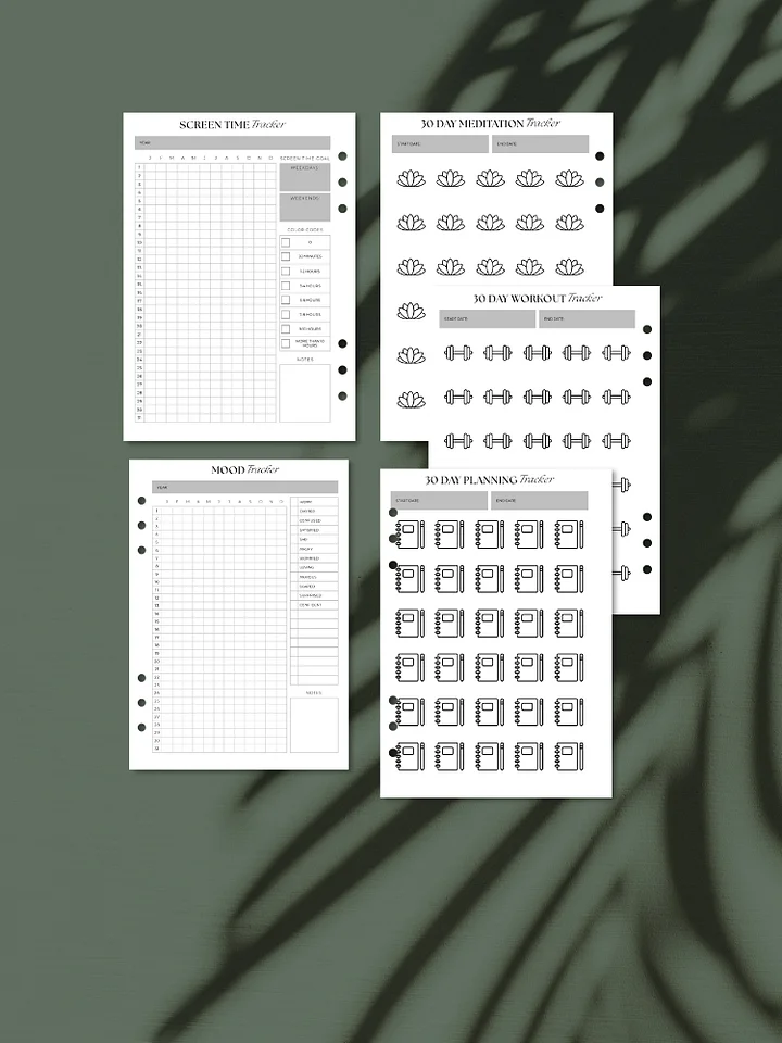 A5 Self-Care Tracker Inserts Set | Screen Time, Mood, Meditation, Workout & Planning | Printable product image (1)