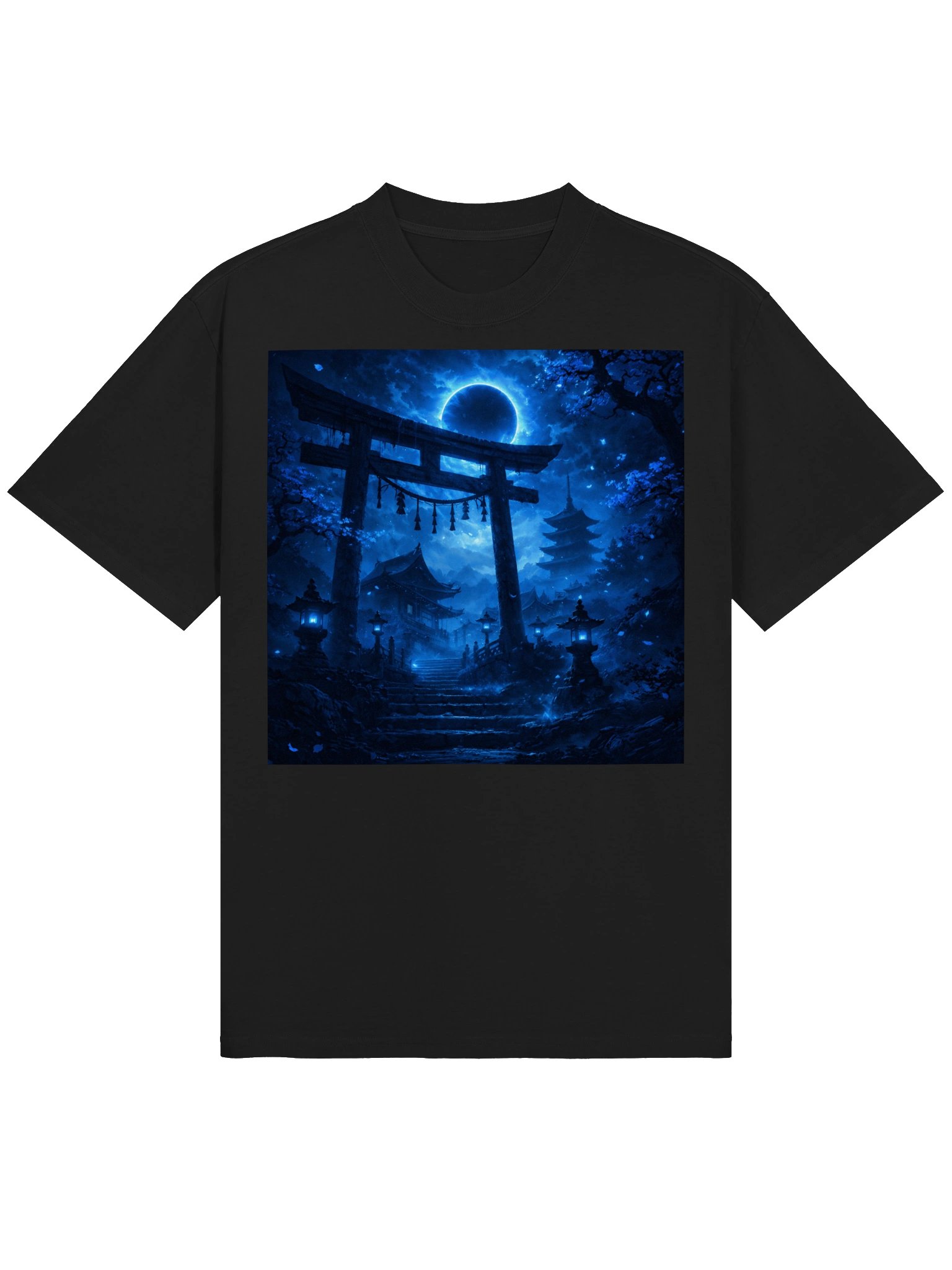 Mystical Japanese Moon Gate T-Shirt, Blue Night Temple Art, Celestial Fantasy Oversized Tee product image (2)