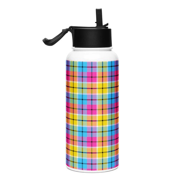 Hot Pink, Turquoise, and Yellow Plaid Water Bottle product image (1)