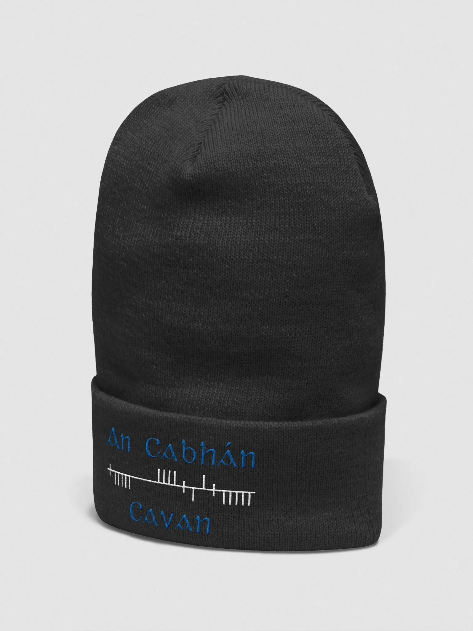 Cavan/An Cabhán, Orthodox Style Ogham, Blue and White, embroidered Cuffed Beanie product image (2)