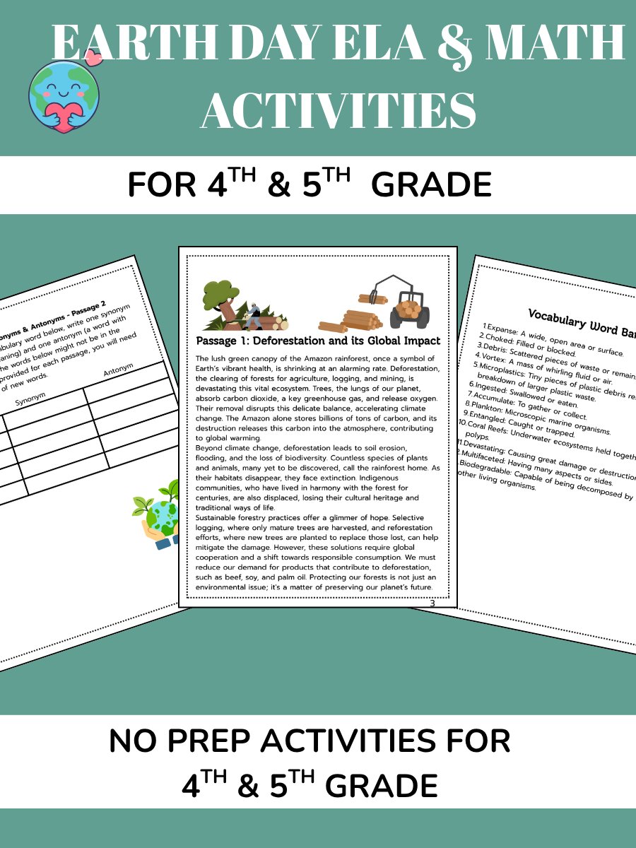 Earth Day Math & ELA Activities, Vocabulary, Bar Graph 4th & 5th Grade product image (1)