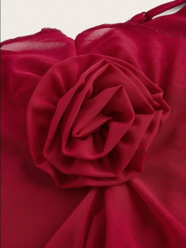 Silquee Valentine's Day Dress Red Mesh Ruffle Three-Dimensional Flower Decoration Women's Long product image (4)