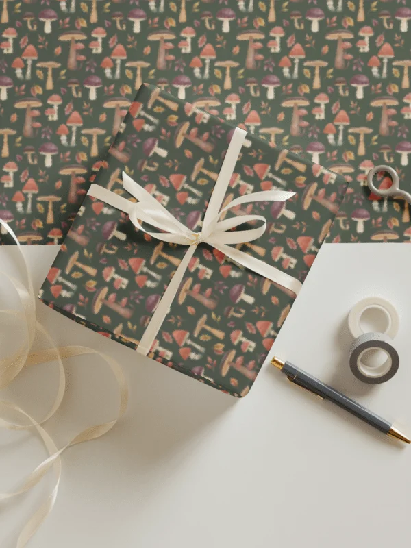 The mushroom haven wrapping paper set (3). Autumn mushroom design on green, brown & beige backgrounds product image (2)