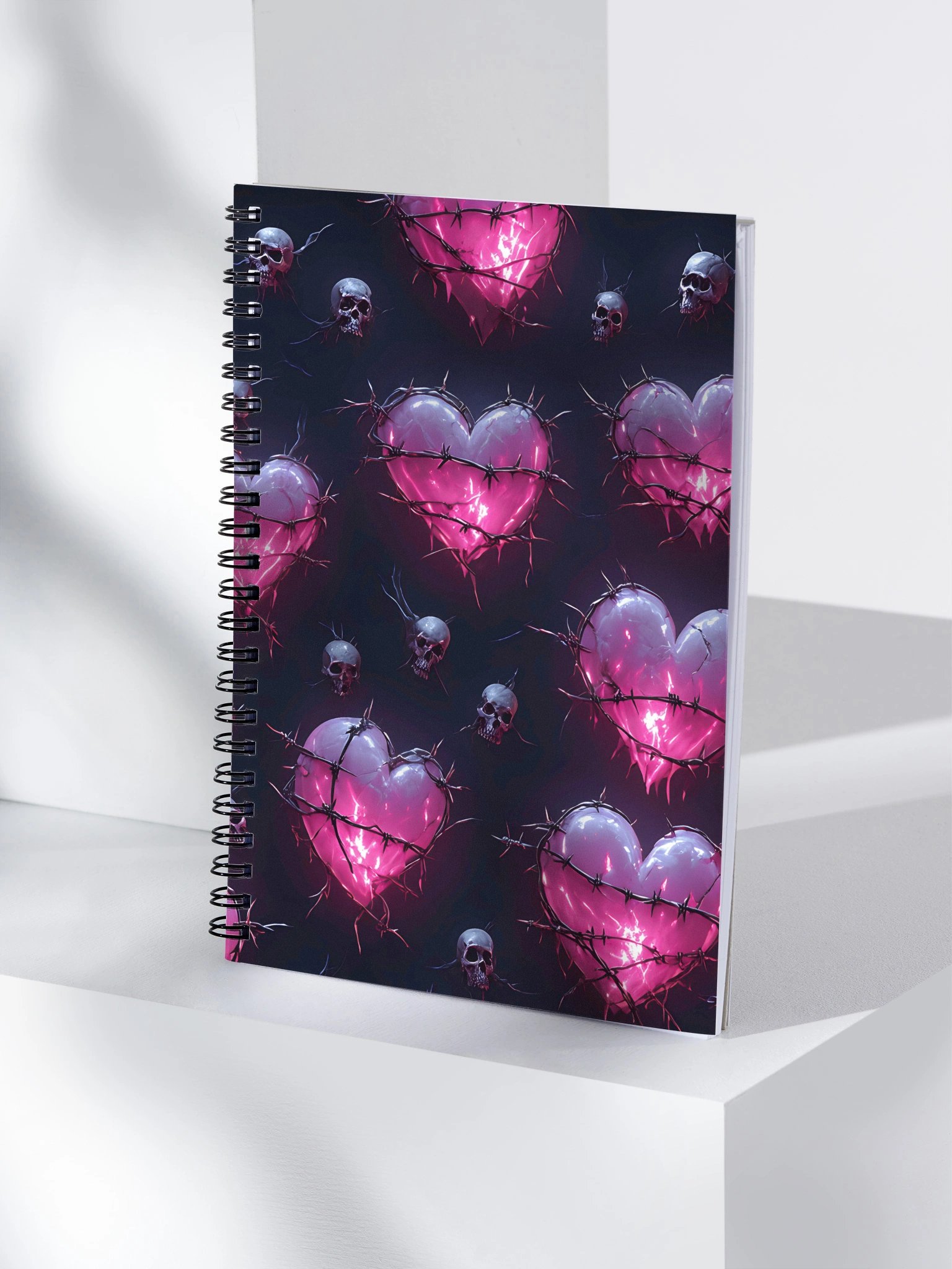 Neon Barbed Heart Skull Spiral Notebook - Glow Pink Shattered Hearts 140-Page Dotted Journal product image (4)