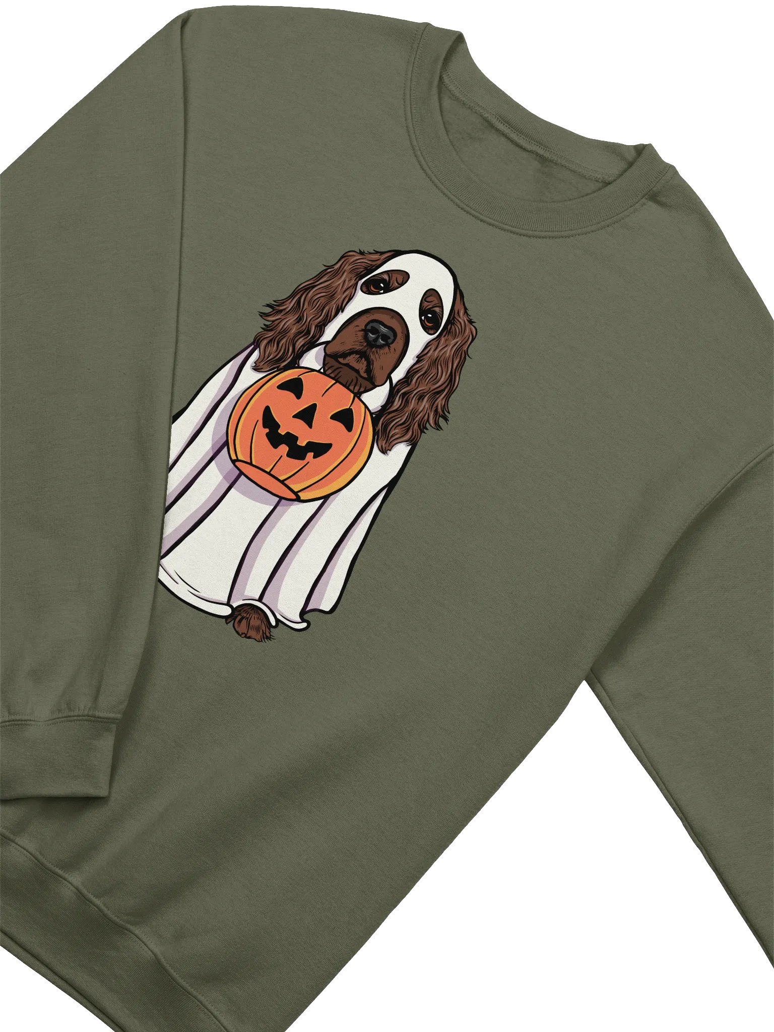 Funny Halloween Cocker Spaniel(Liver) Sweatshirt | Funny Cocker Spaniel Wearing a Ghost Costume and Holding a Pumpkin Basket product image (4)