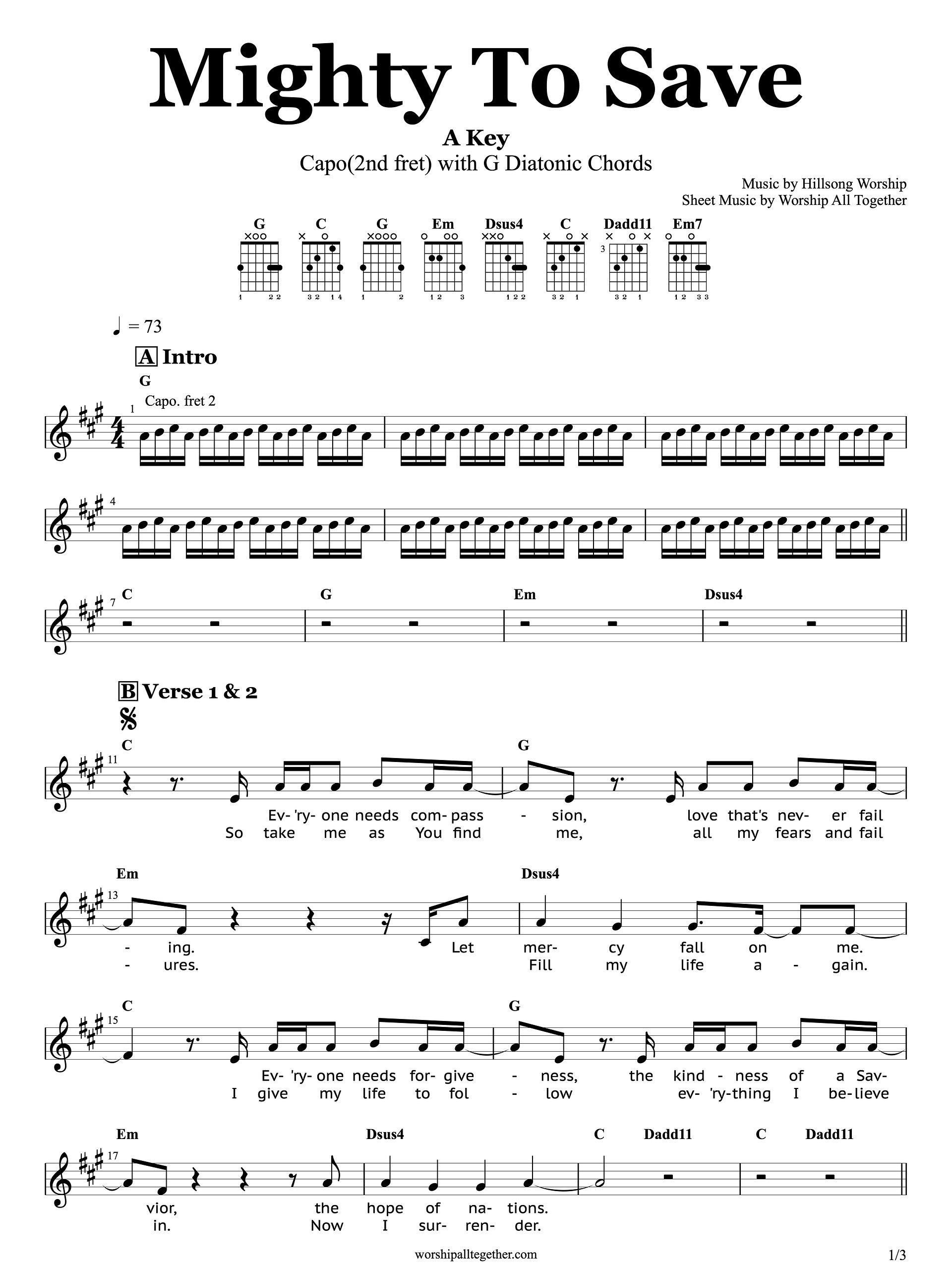 Mighty To Save (A Key with Capo in G Diatonic) - Hillsong Worship | Sheet Music, Chord, Lyrics product image (1)