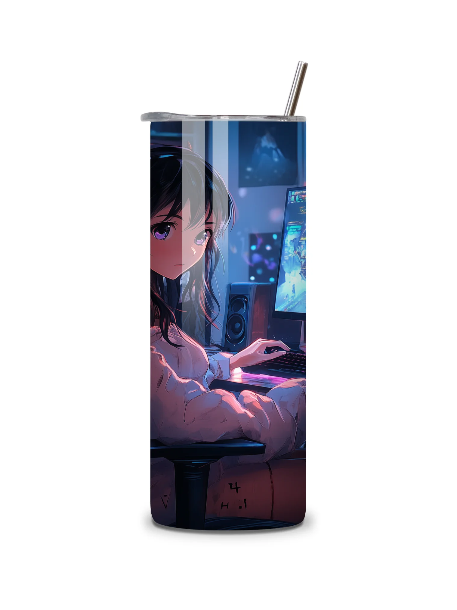 Anime Gamer Girl 20oz Skinny Tumbler with Metal Straw – Vibrant Gaming Setup Design – Double-Walled Insulated Stainless Steel Tumbler Gift for Anime and Gaming Fans (Anime Girl 2) product image (4)