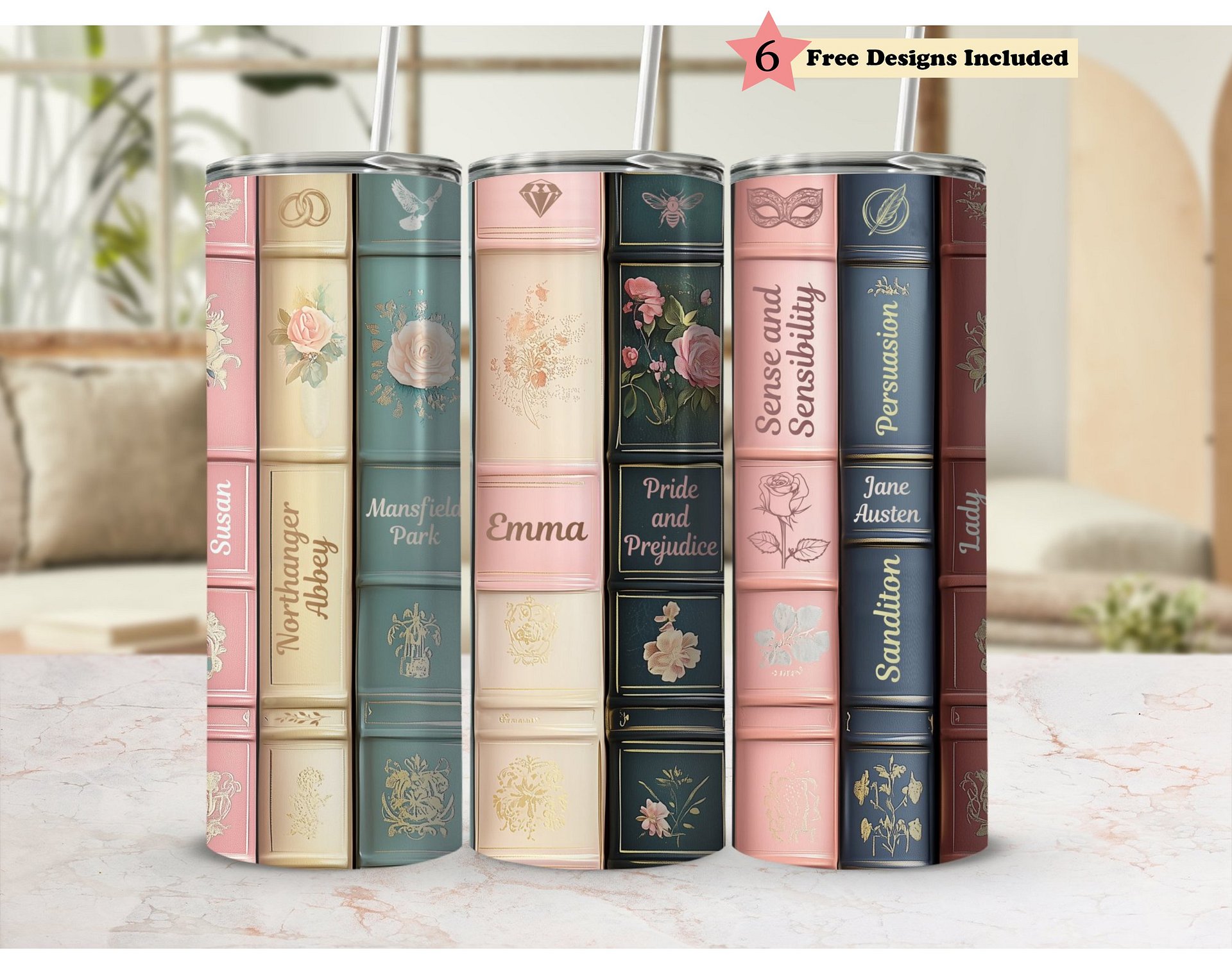 Pride and Prejudice Jane Austaen Regency Romance Books 20oz Full Wrap Tumbler PNG, Vintage Boho Seamless Sublimation Design, Digital Download product image (1)