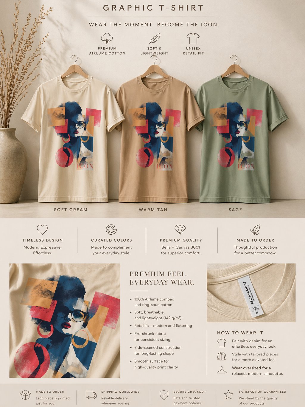 ICON Graphic T-Shirt – Premium Unisex Tee in Soft Cream, Warm Tan & Sage product image (2)
