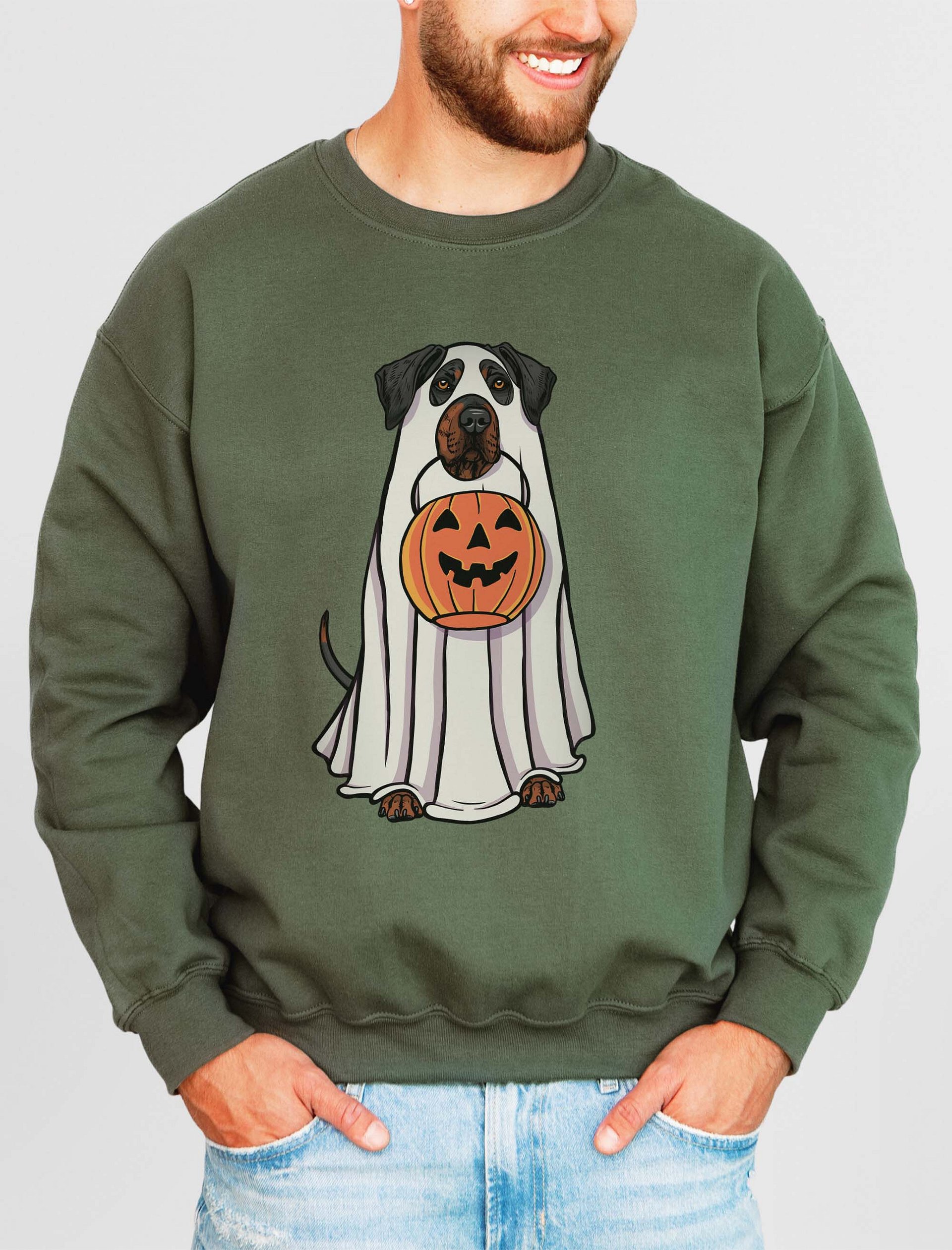 Funny Halloween Rhodesian Ridgeback(Black & Tan) Sweatshirt | Funny Dog Wearing a Ghost Costume and Holding a Pumpkin Basket product image (2)