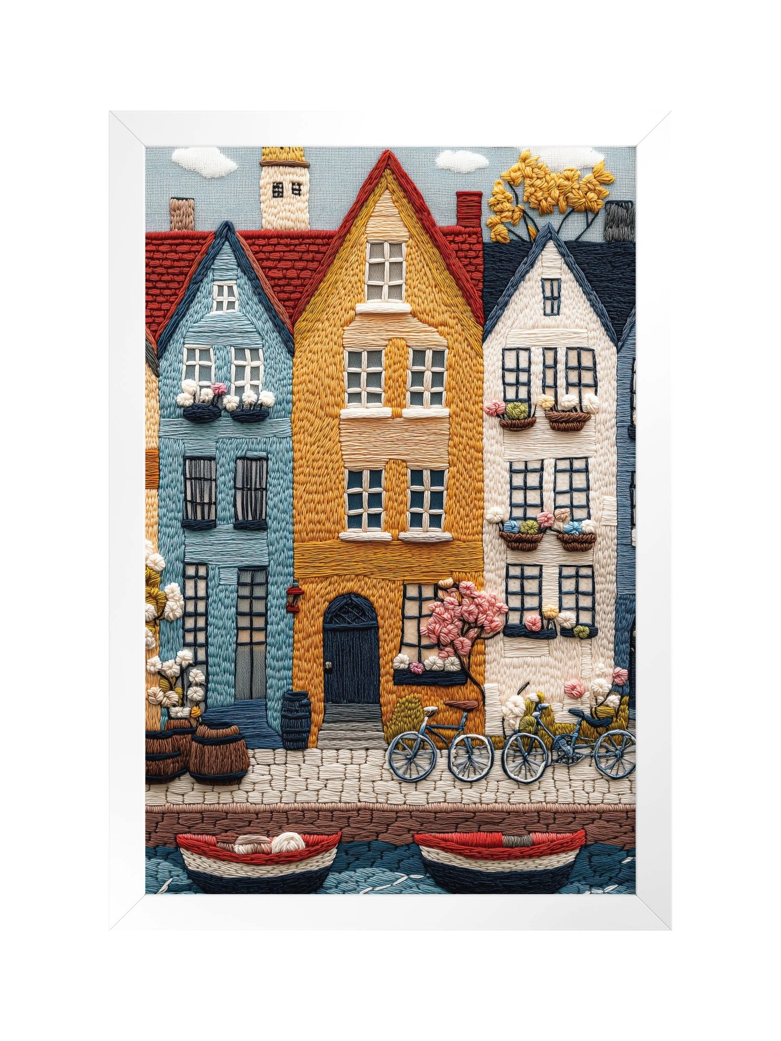 A Bicycle Day in Copenhagen | Embroidery-Style Wall Art — Framed Print product image (1)