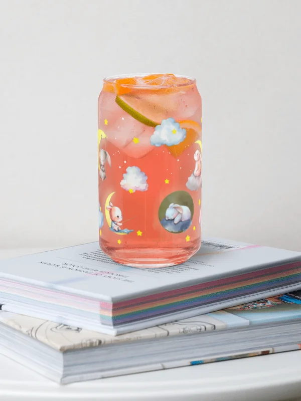 Bunny on the Moon Glass Sipper Can with Bamboo Lid & Straw – 16 oz | Whimsical Rabbit-Themed Can Glass | Cute Moon & Stars Design | Perfect for Iced Coffee, Smoothies, and More product image (8)