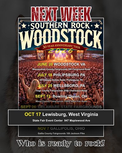 Lewisburg, WV, who’s ready to rock? 🔥🐺

Southern Rock Wood Stock 2026 is coming to your city next Saturday, and Two Wolf is r...