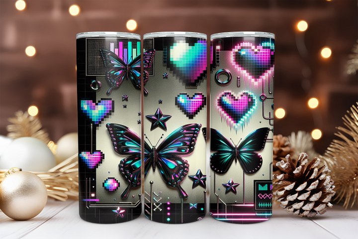 Butterfly 20 oz Skinny Tumbler Sublimation Design Digital Download PNG Instant DIGITAL ONLY, Chrome Butterfly Tumbler Wrap product image (1)