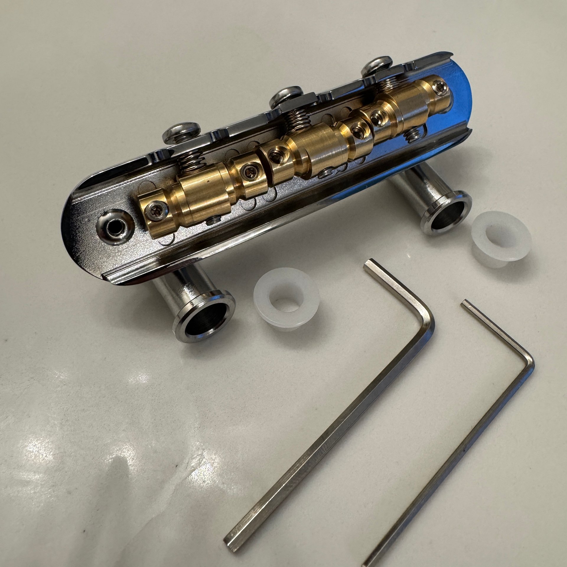 “The Goliath” Chrome-Plated Brass Jazzmaster / Jaguar / Mustang Bridge with USA Made Compensated Raw Brass Saddles product image (3)