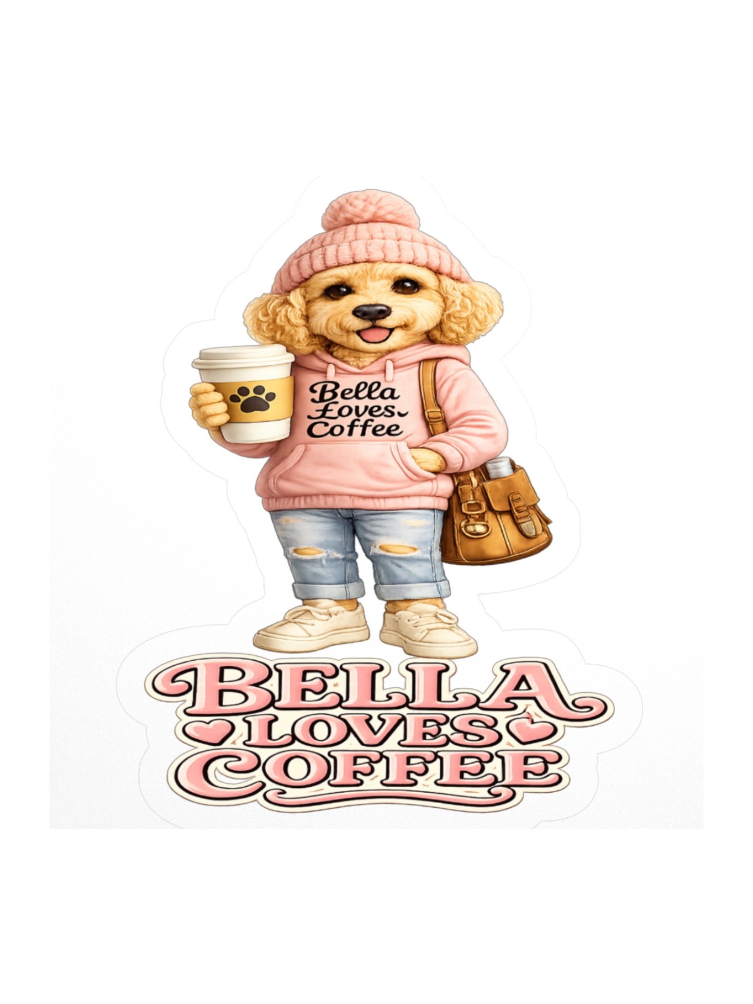 Bella Loves Coffee Cute Dog Kiss Cut Sticker product image (1)