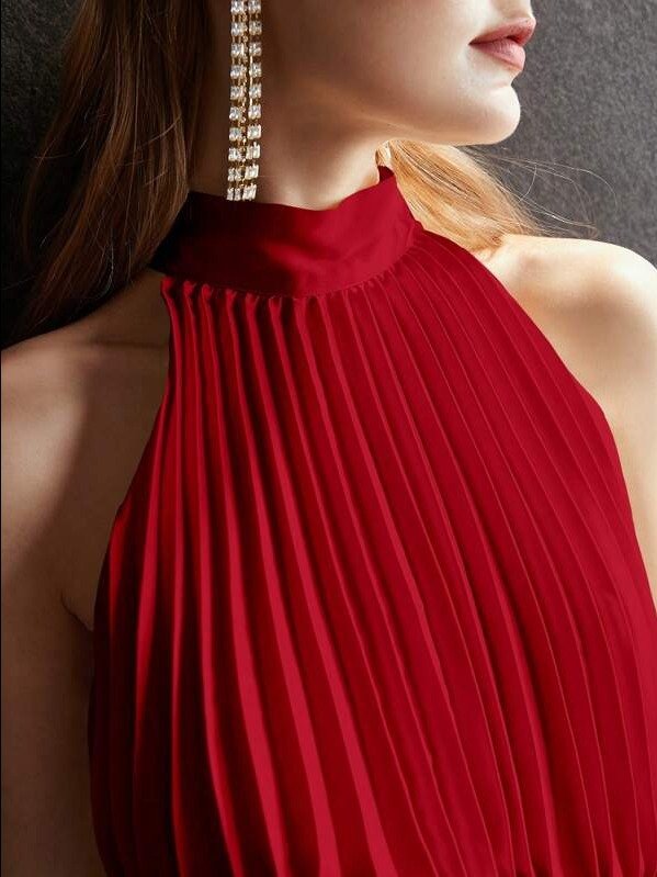 MOTF PREMIUM SOLID SHIRRED WAIST HALTER NECK PLEATED LONG DRESS product image (2)