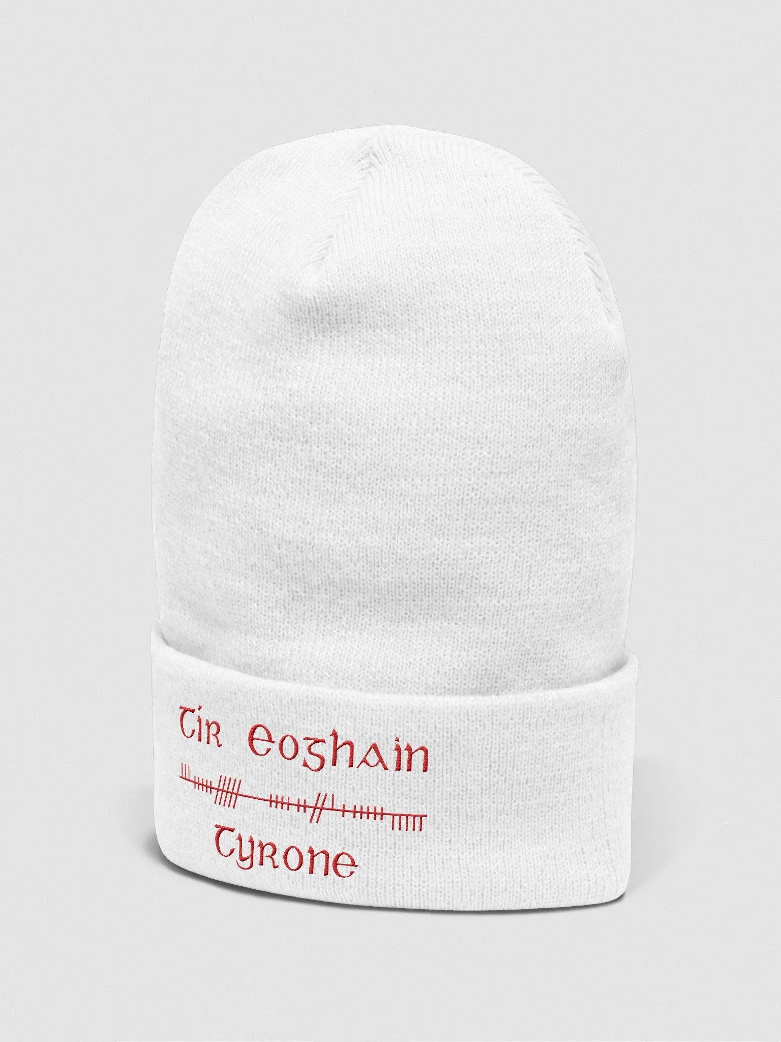 Tyrone/Tír Eoghain, Orthodox style Ogham, white with red, embroidered Cuffed Beanie product image (4)
