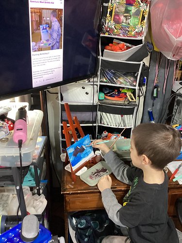 Killian following along to @davidarquette on @mostartistickid to one of #bobross paintings #mostartistickid