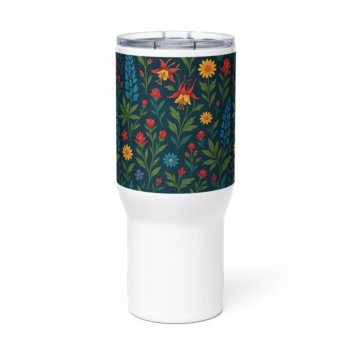 Floral Travel Mug with Handle – Dark Botanical Print with Daisies, Lilies & Wildflowers product image (2)
