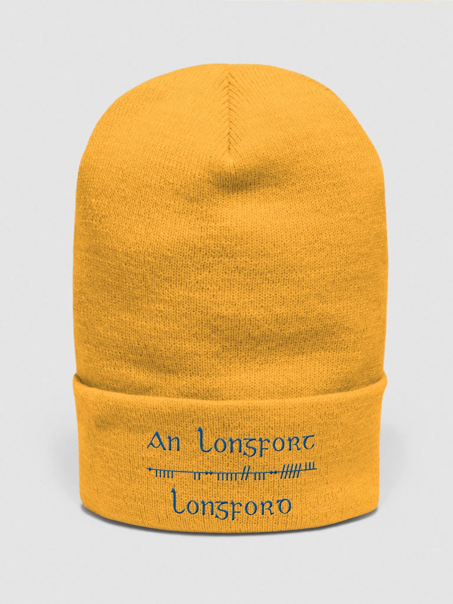 Longford/An Longfort Scholastic style Ogham, Gold with blue, embroidered Cuffed Beanie product image (1)
