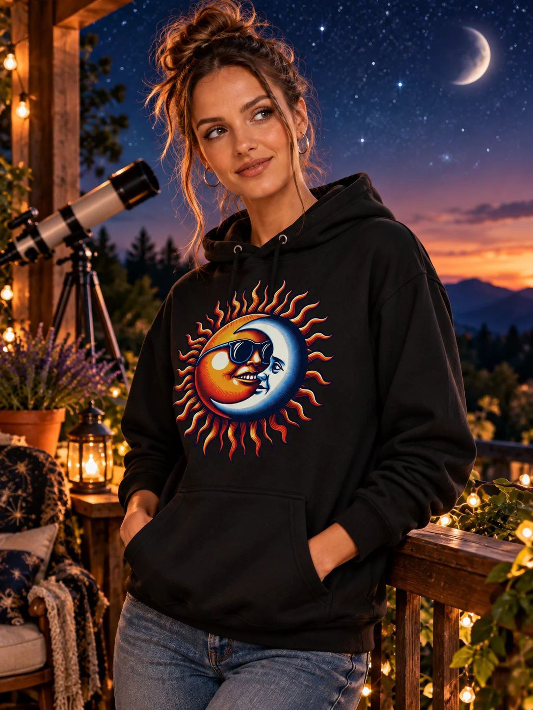 🌞 Sun and Moon Retro Fusion - PULLOVER HOODIE – Cool Cosmic Design with Groovy Celestial Yin-Yang Style product image (1)