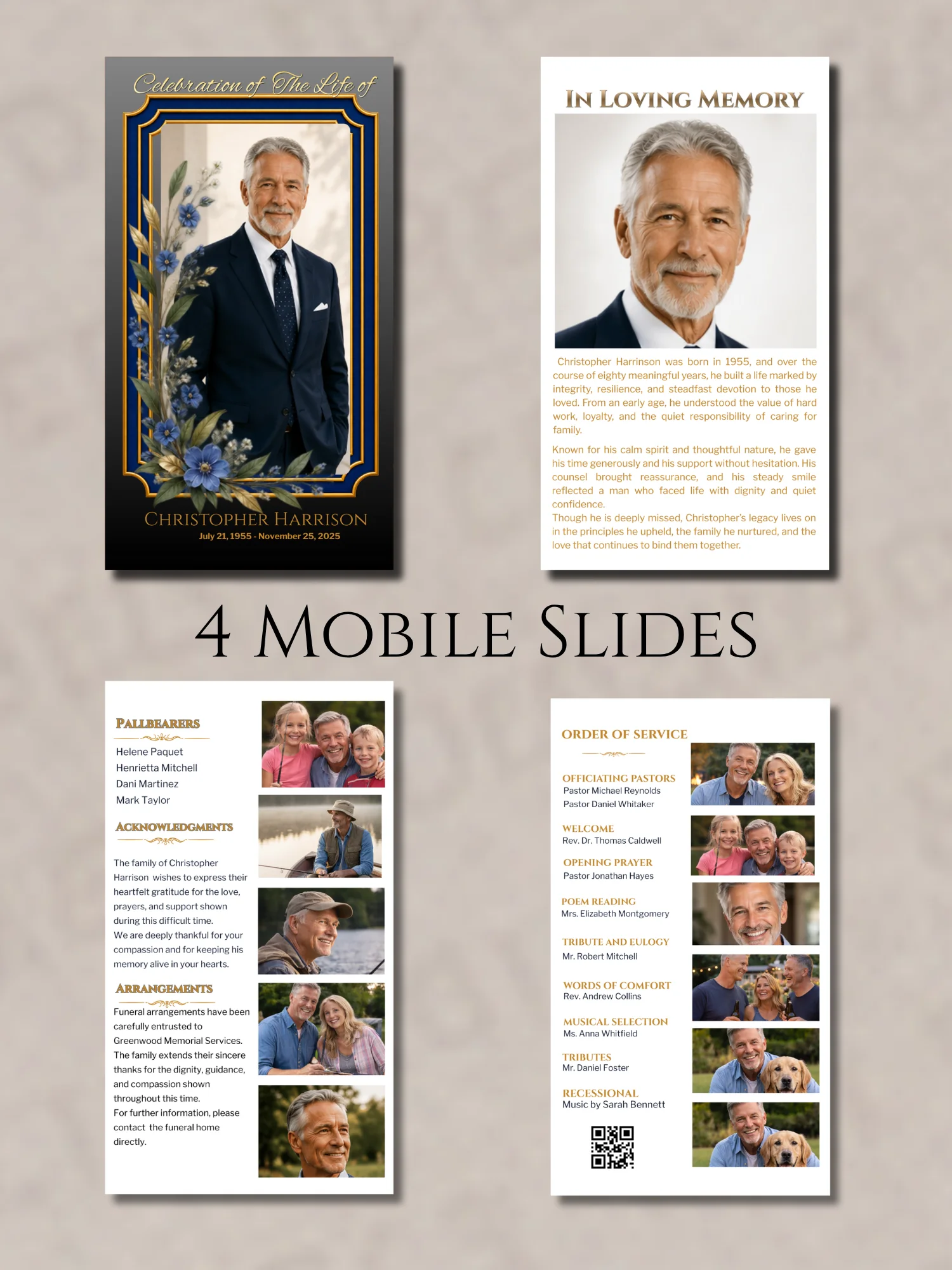 Blue Floral Funeral Program Template for Men (Canva Editable Bifold) product image (3)