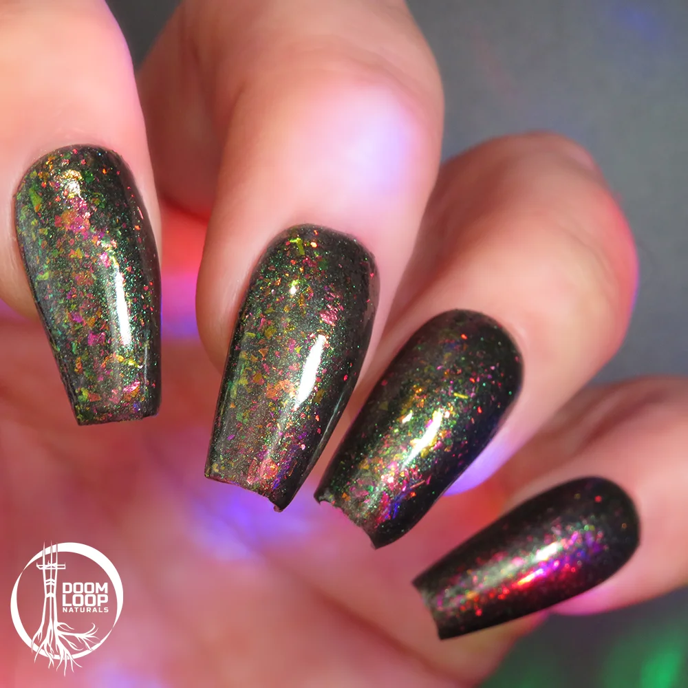 DOOM FOR THE HOLIDAYS - Sparkling Black-Green Rose-Red-Violet-Green Flake Nail Polish product image (5)