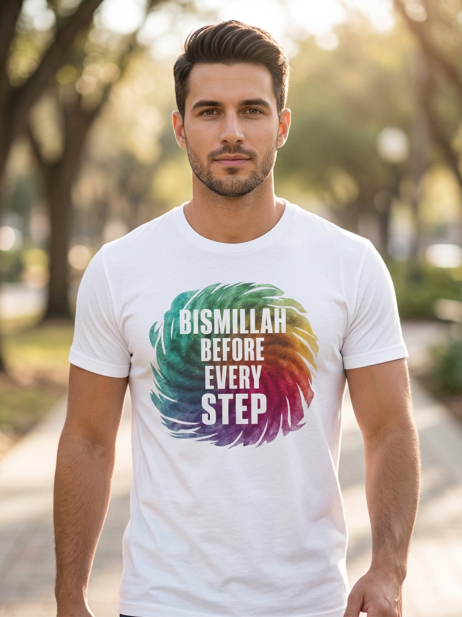 Bismillah Before Every Step T-Shirt | Islamic Mindfulness Tee | Rainbow Muslim Streetwear product image (1)