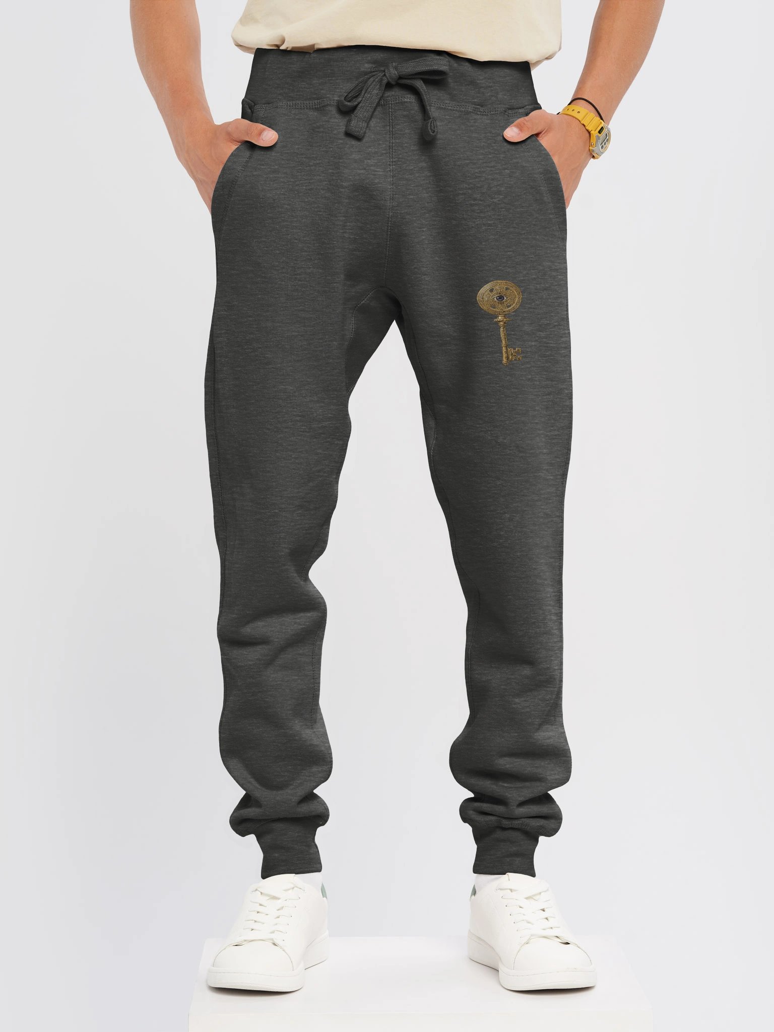The Gatekeeper’s Key Fleece Joggers – Front Thigh & Back Lower Leg Print | Charcoal Heather | product image (3)
