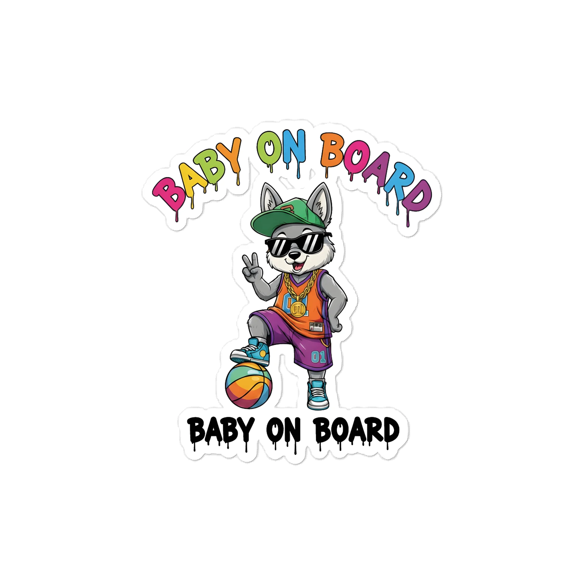 Funny Wolf Basketball Baby on Board Sticker - 5x5 Weatherproof Vinyl Car Decal - Premium Wolf Basketball Star Gift product image (1)