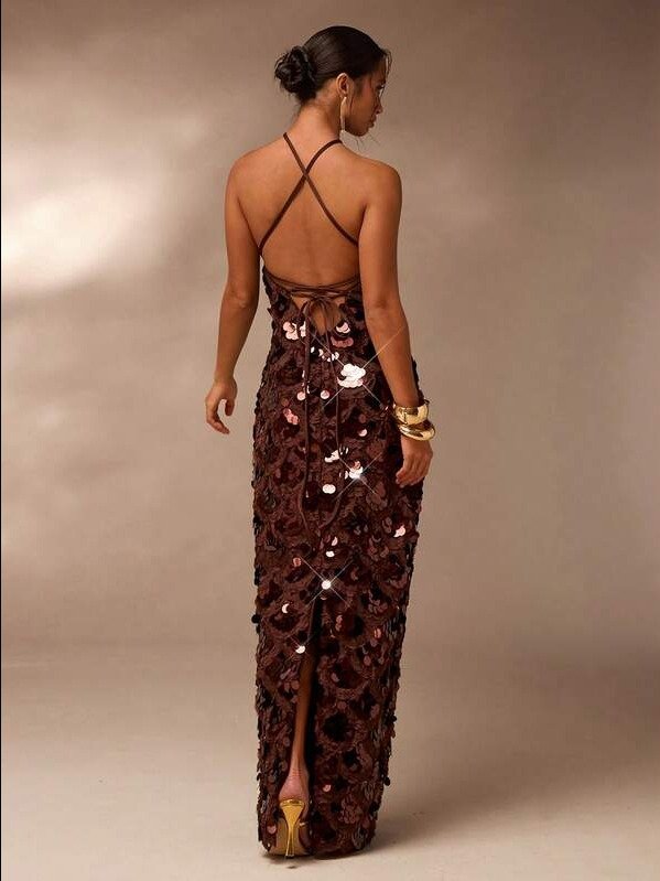 Women's Sequin Halter Dress, Fashion Party Wear Harlem Nights Women Dresses Bronze Dress Sequin Women Dresses Sequence Dress Gowns Glamorous Dress product image (3)