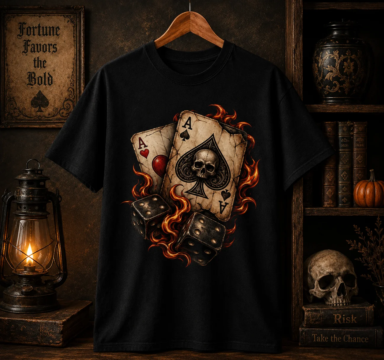 Flame Cards & Dice Graphic Tee | Gothic Gambling Streetwear Shirt product image (1)