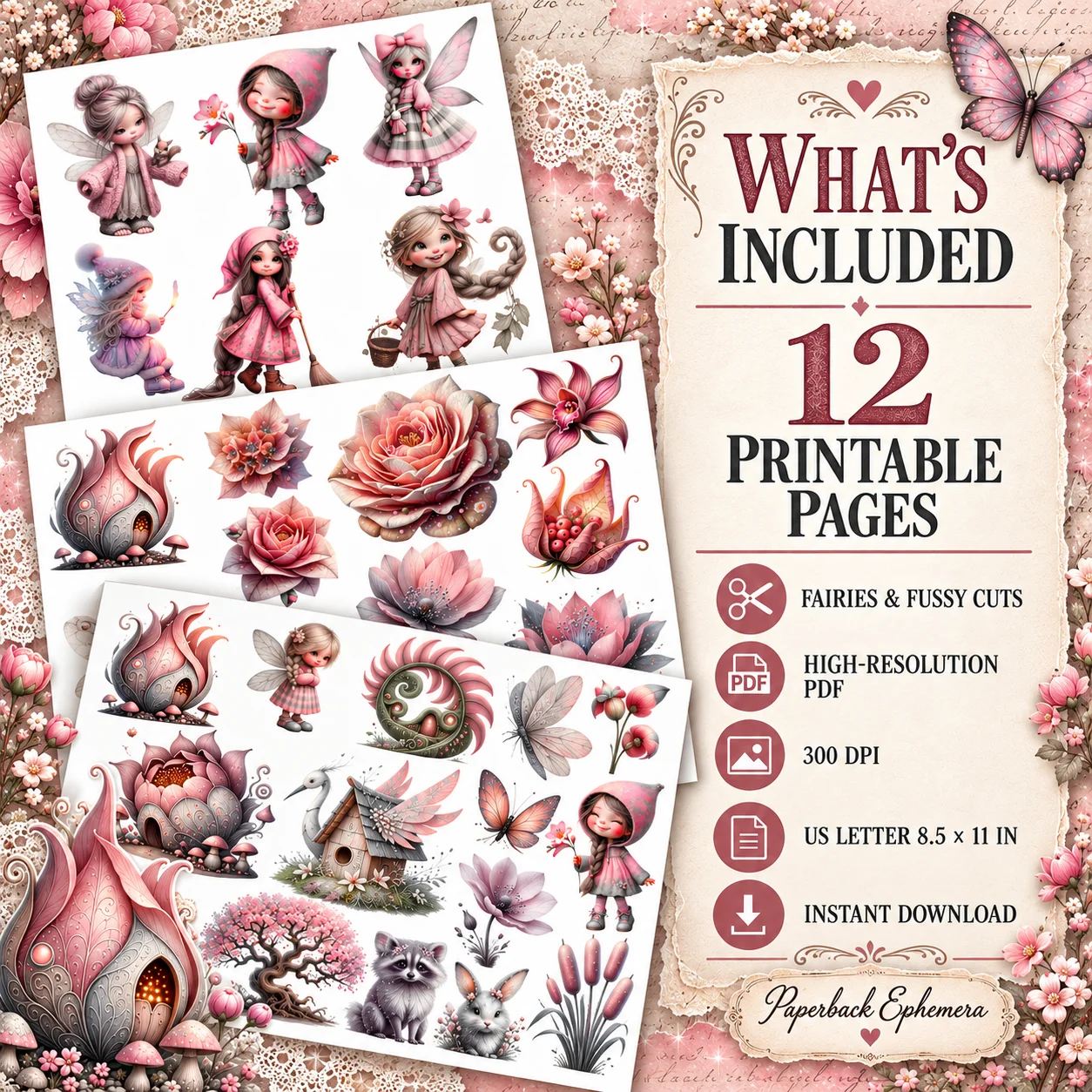 Whimsical Fairy Lover Ephemera Book Collage – Pink Fairy Printable PDF for Junk Journals product image (3)