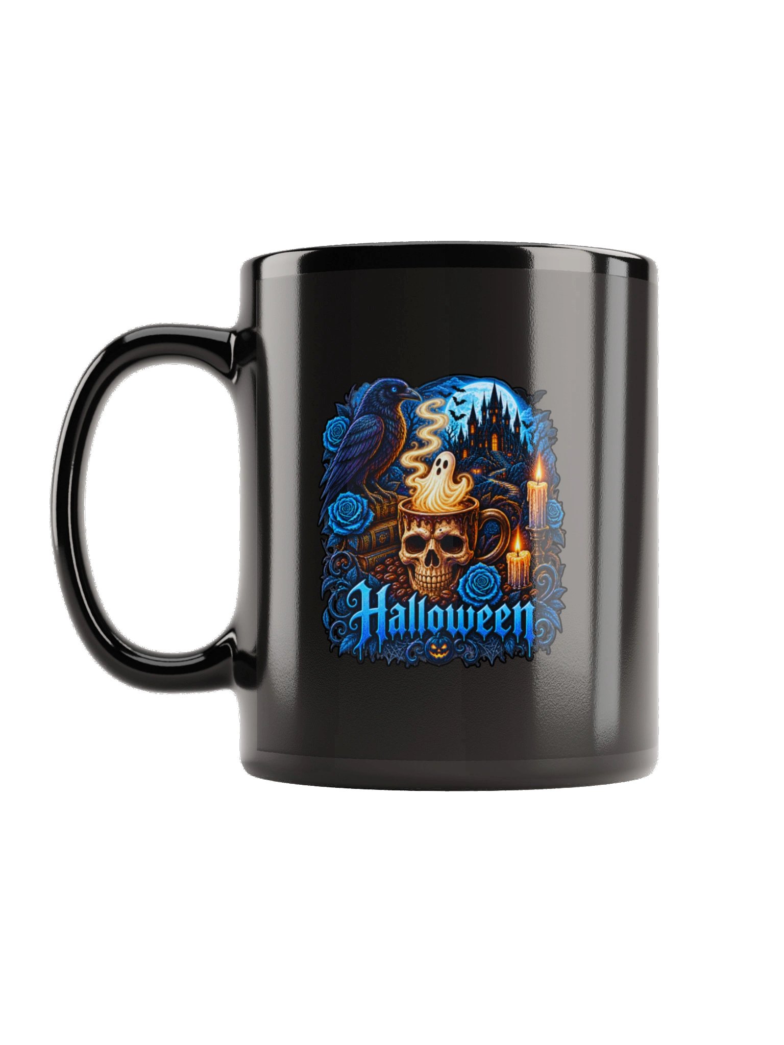 Blue Halloween Ghost Mug – Raven & Haunted Castle Coffee Cup product image (2)