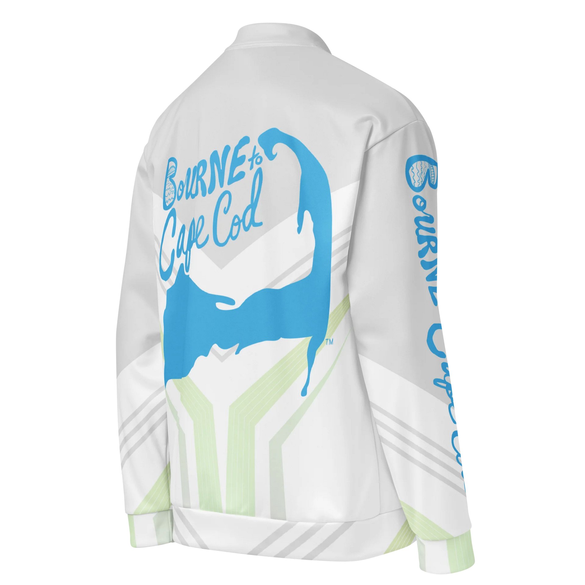 All-Over Print Bomber Jacket | Coastal Cool, City Bold | BOURNE to Cape Cod™ + BRN.2C.C.™ Style | Deep Sky Blue Logos on Preppy Geometrics product image (4)