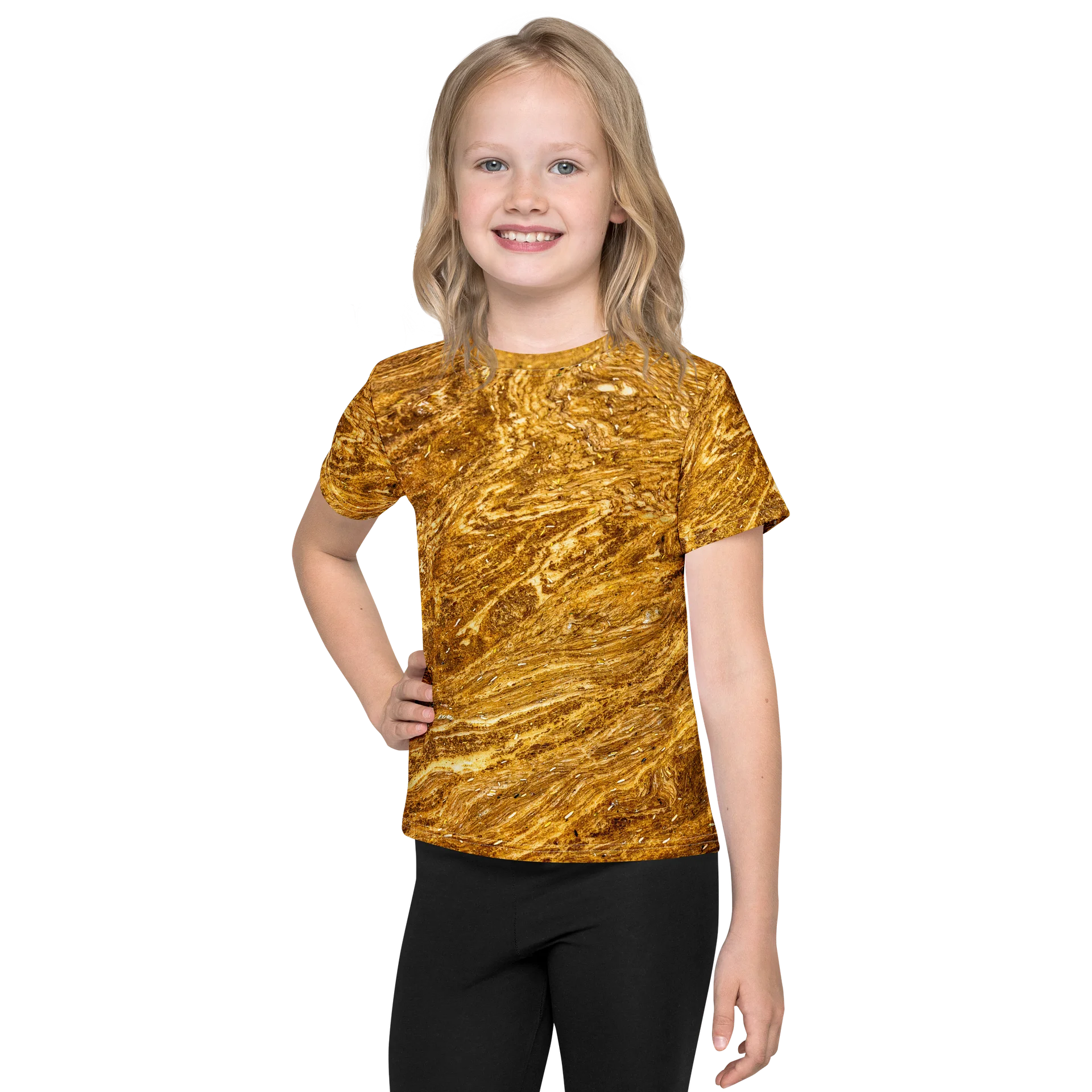 Golden Strata: Earthy Swirl Marble Pattern Kids Crew Neck Tee | Full Print Golden Ochre Toddler Shirt | Everyday Nature Casual Top product image (1)