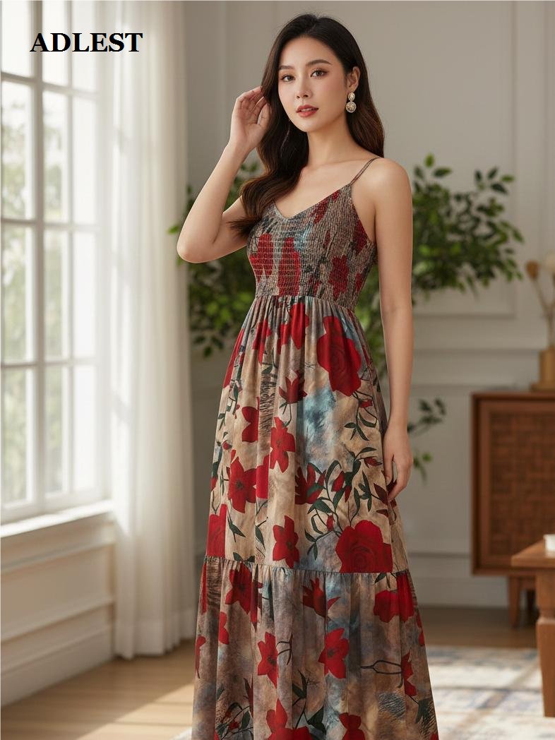 ADLEST | Women's Vintage Floral Print Elegant Woven Backless A-Line Dress, Party, Date Night, Spring product image (3)