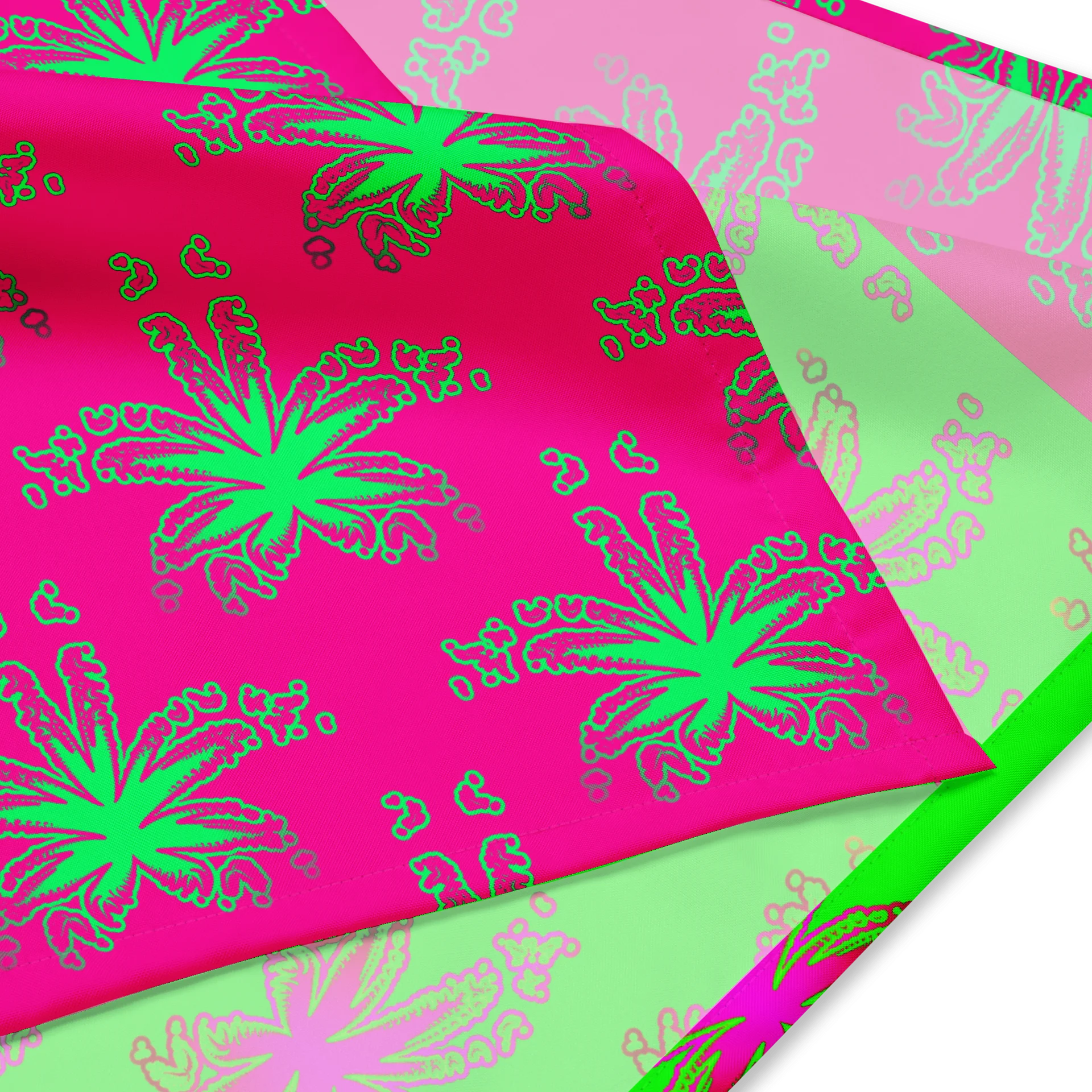 Neon Green Pink Cannabis Twisted Budz Bandana, 420 Art Summertime Stoner Style Fashion, Weird Weed Leaf Pattern All-Over Print Odd Accessory product image (2)