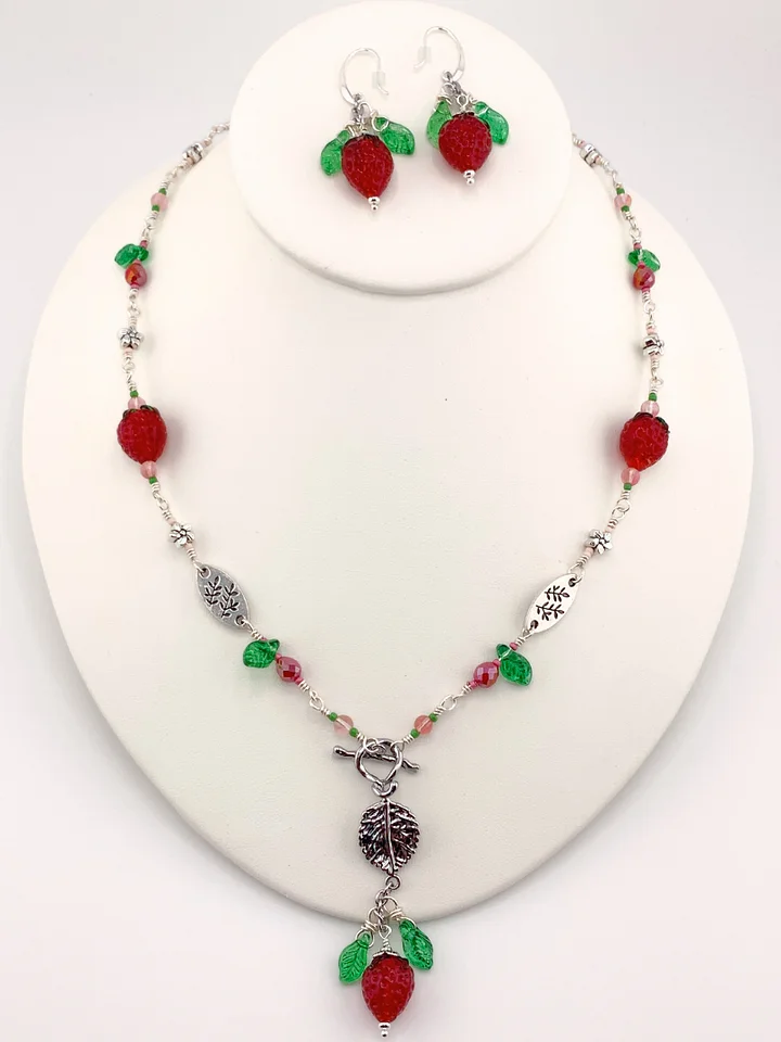 Lampwork Strawberry on Silver Leaf Toggle Necklace Set product image (1)